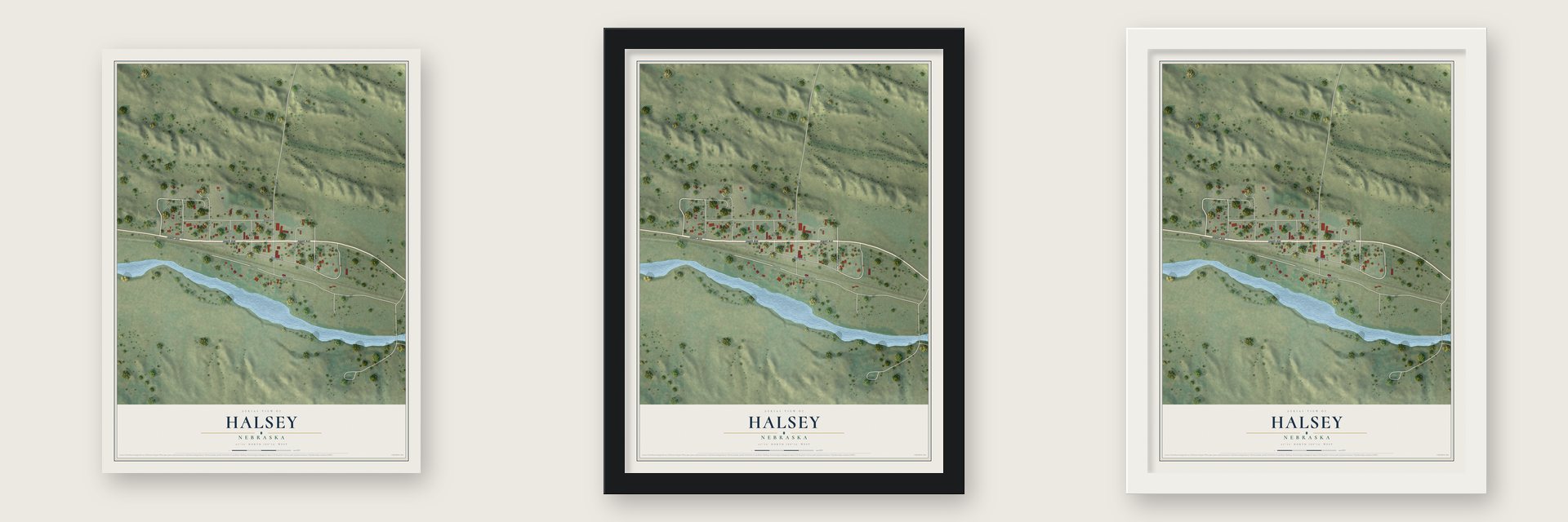 Halsey, Nebraska map unframed, in a black wood frame and in a white wood frame