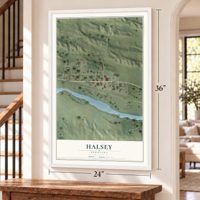 Halsey, Nebraska map, 24 x 36 inch print in a white frame by a staircase