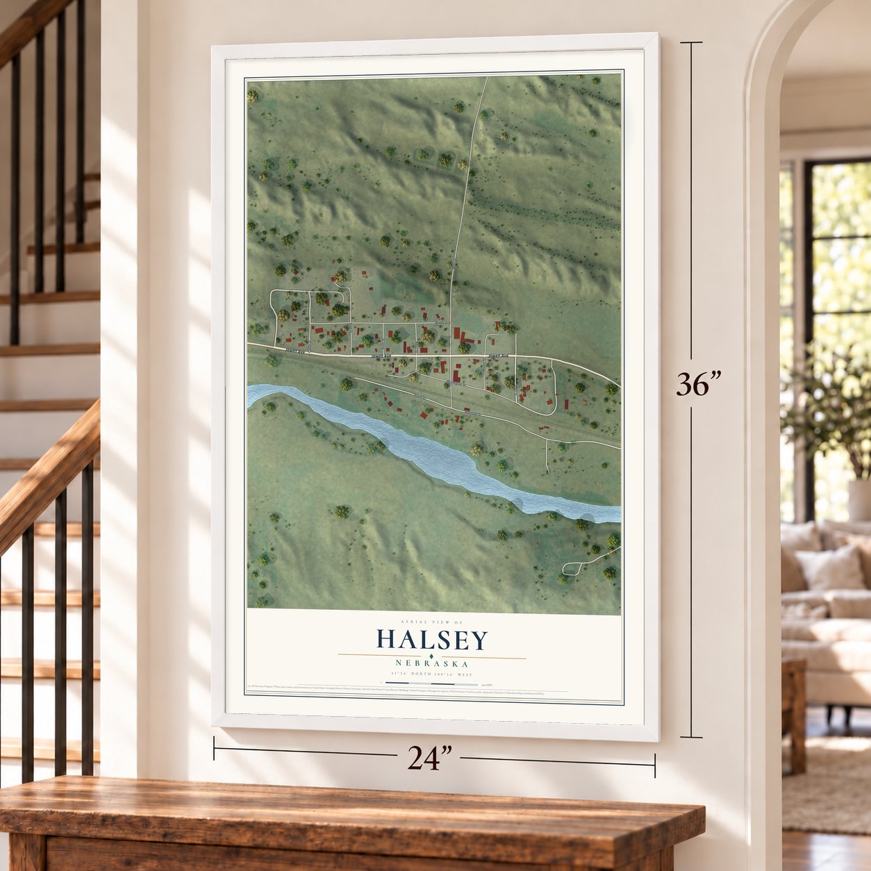 Halsey, Nebraska map, 24 x 36 inch print in a white frame by a staircase