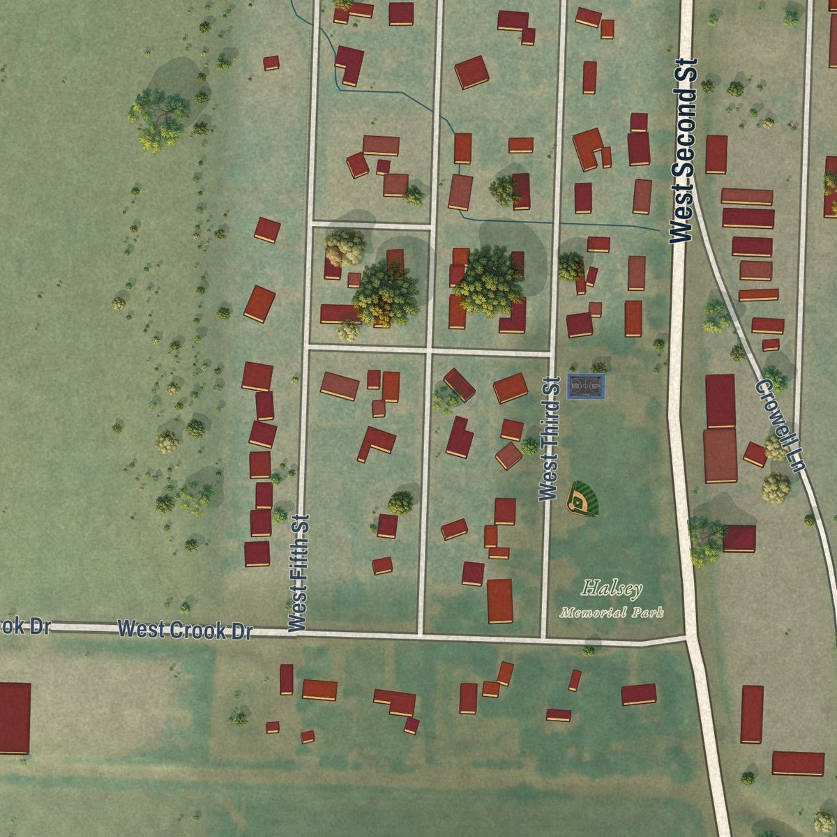 Second close-up of the map of Halsey, Oregon print showing more streets and buildings