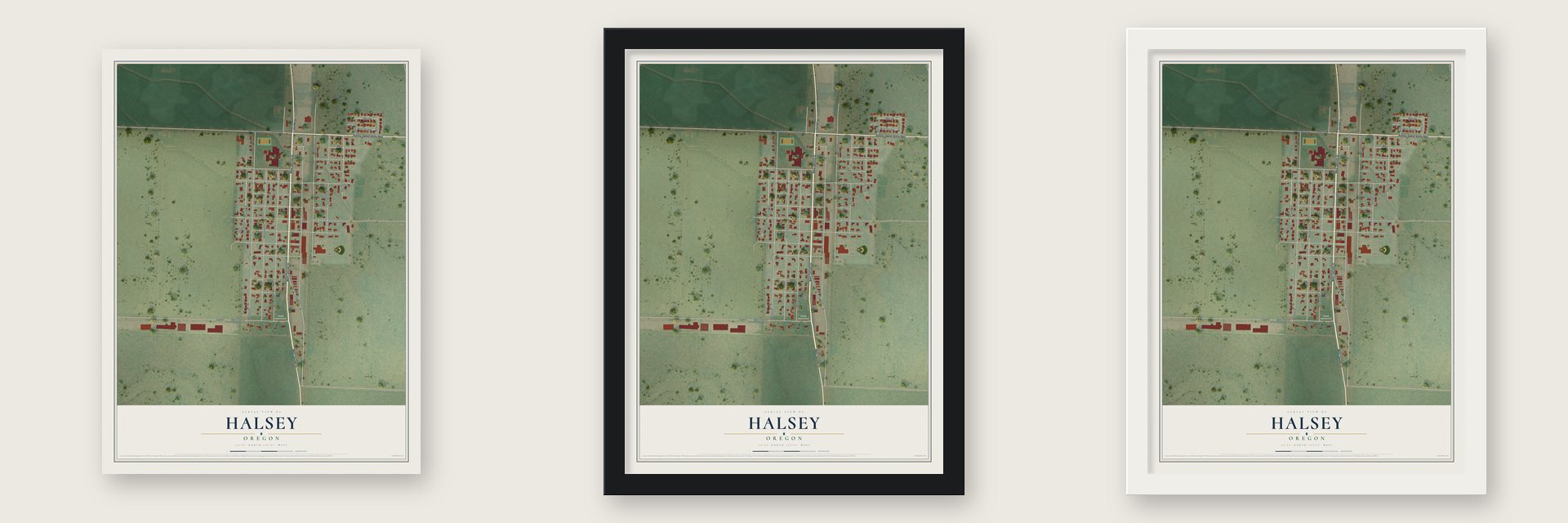 Halsey, Oregon map unframed, in a black wood frame and in a white wood frame