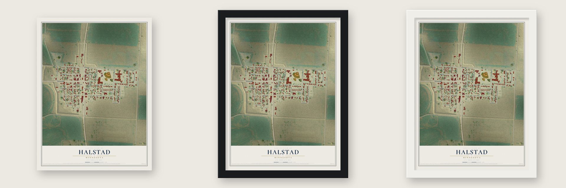 Halstad, Minnesota map unframed, in a black wood frame and in a white wood frame