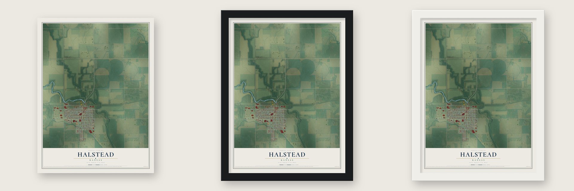 Halstead, Kansas map unframed, in a black wood frame and in a white wood frame