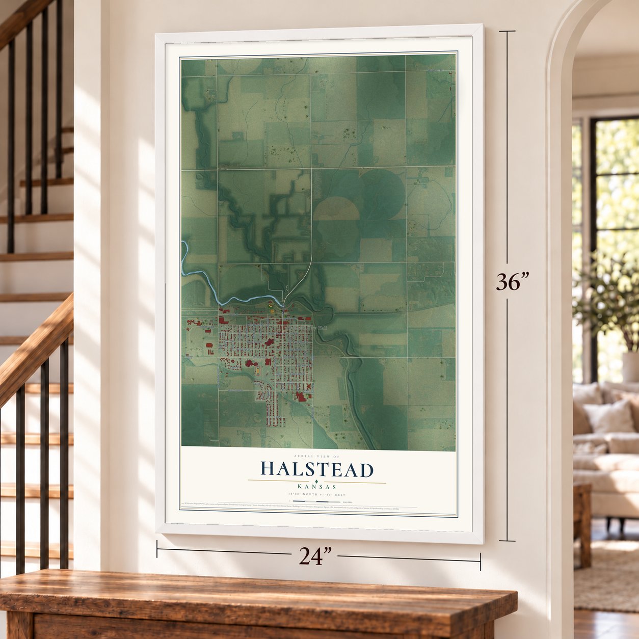 Halstead, Kansas map, 24 x 36 inch print in a white frame by a staircase