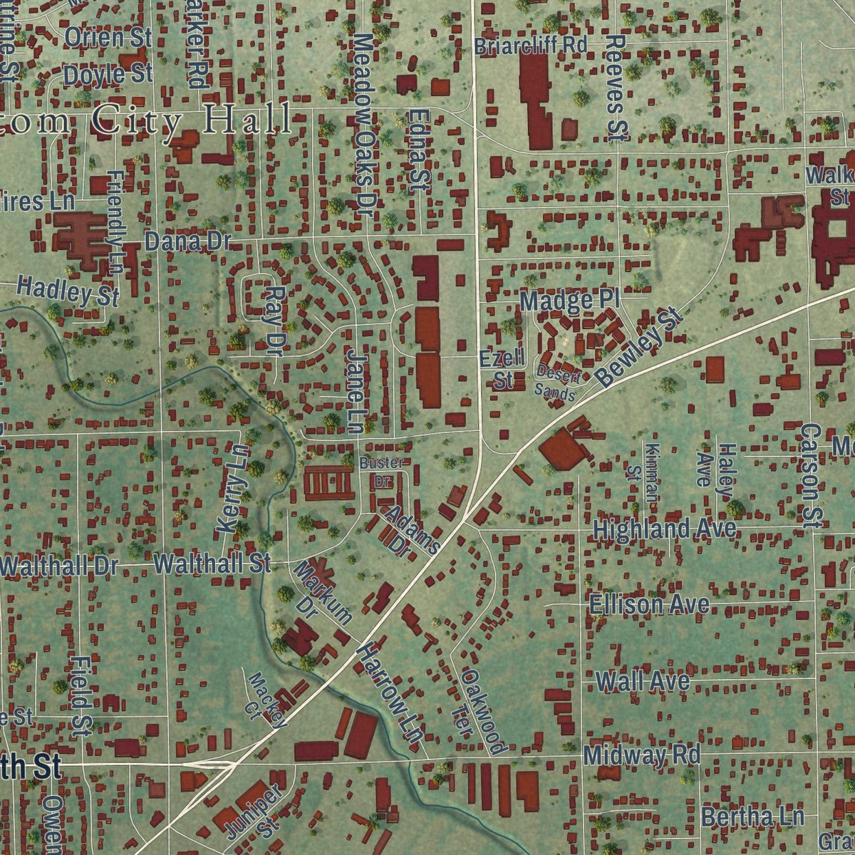 Second close-up of the map of Haltom City, Texas print showing more streets and buildings