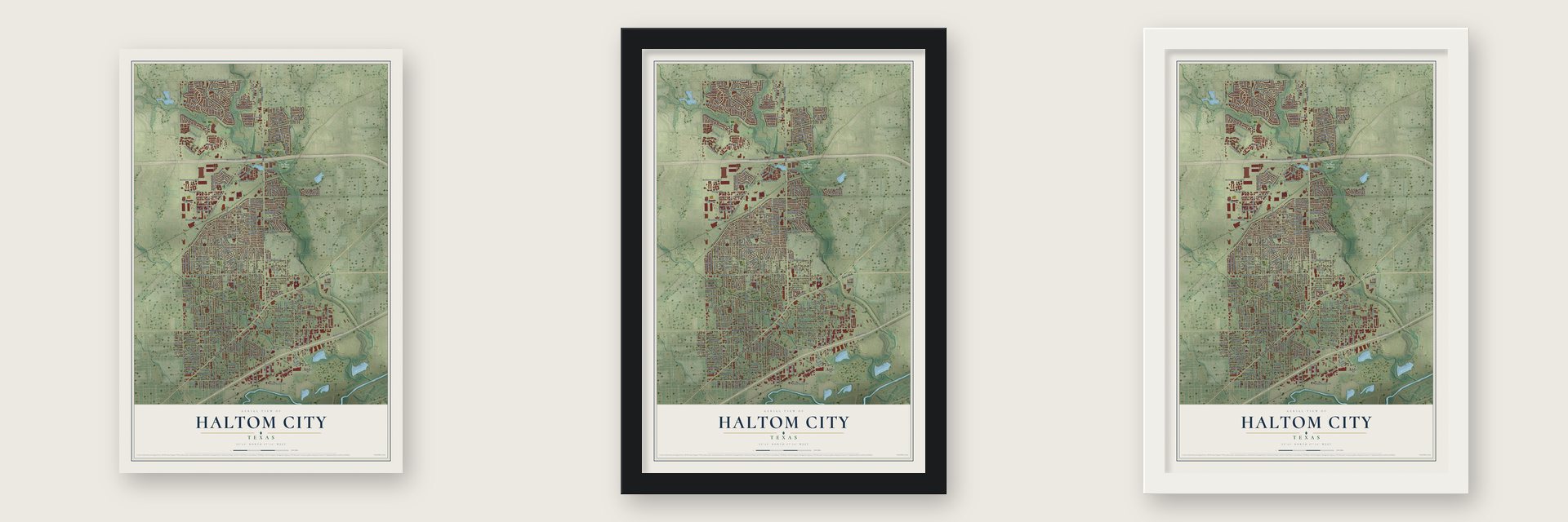 Haltom City, Texas map unframed, in a black wood frame and in a white wood frame