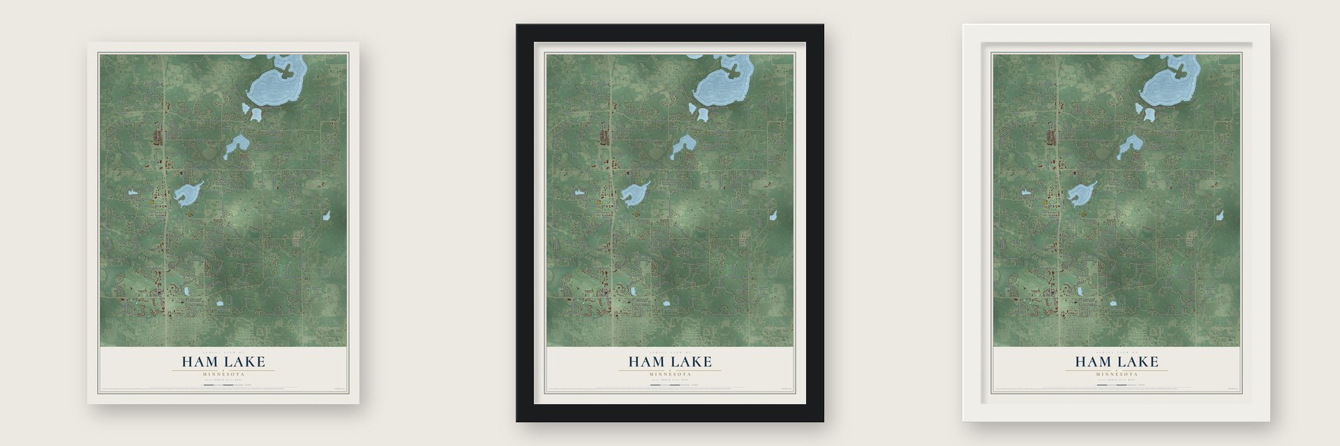 Ham Lake, Minnesota map unframed, in a black wood frame and in a white wood frame