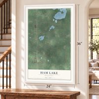 Ham Lake, Minnesota map, 24 x 36 inch print in a white frame by a staircase