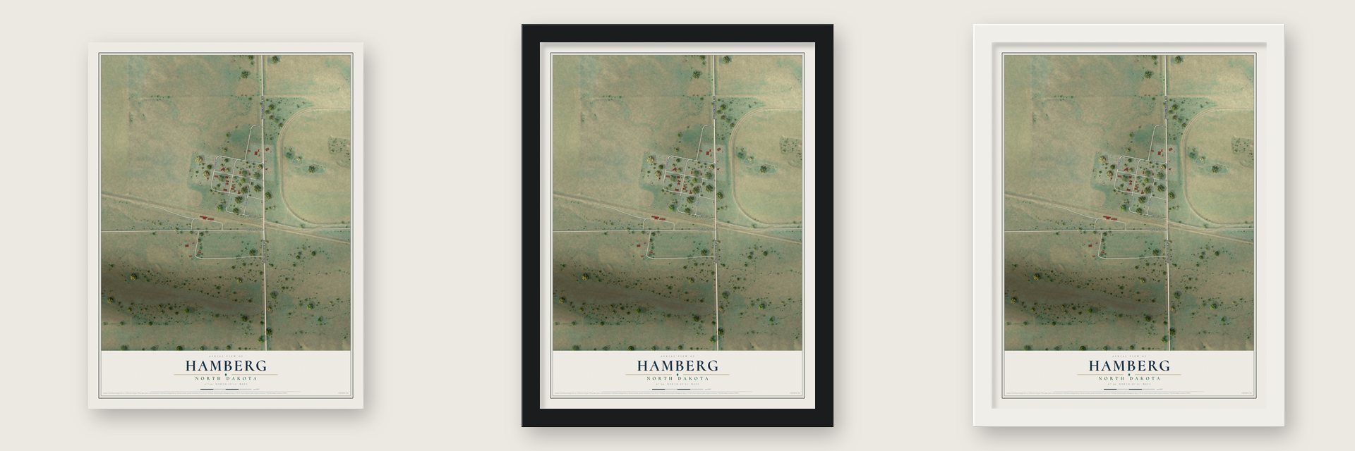 Hamberg, North Dakota map unframed, in a black wood frame and in a white wood frame