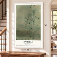 Hamberg, North Dakota map, 24 x 36 inch print in a white frame by a staircase