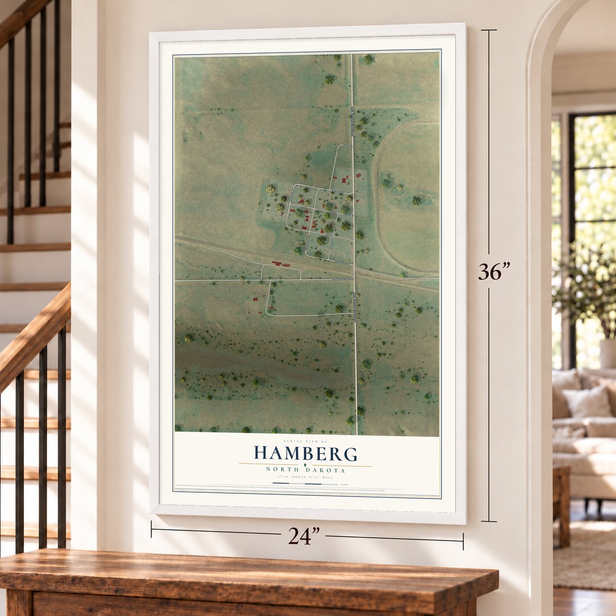 Hamberg, North Dakota map, 24 x 36 inch print in a white frame by a staircase