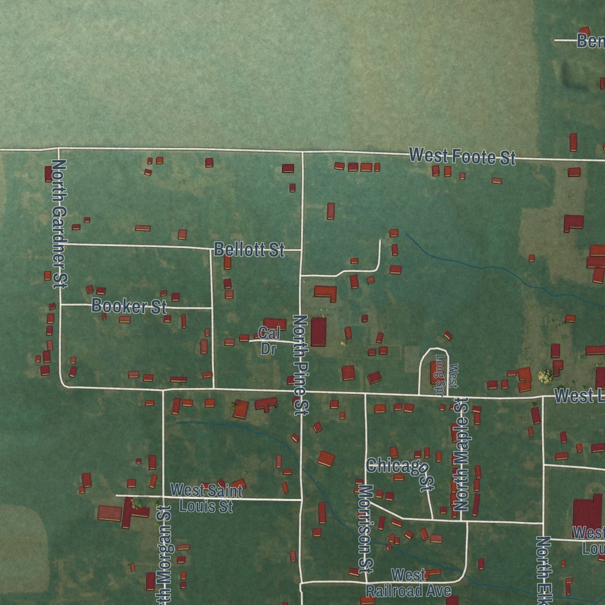 Second close-up of the map of Hamburg, Arkansas print showing more streets and buildings