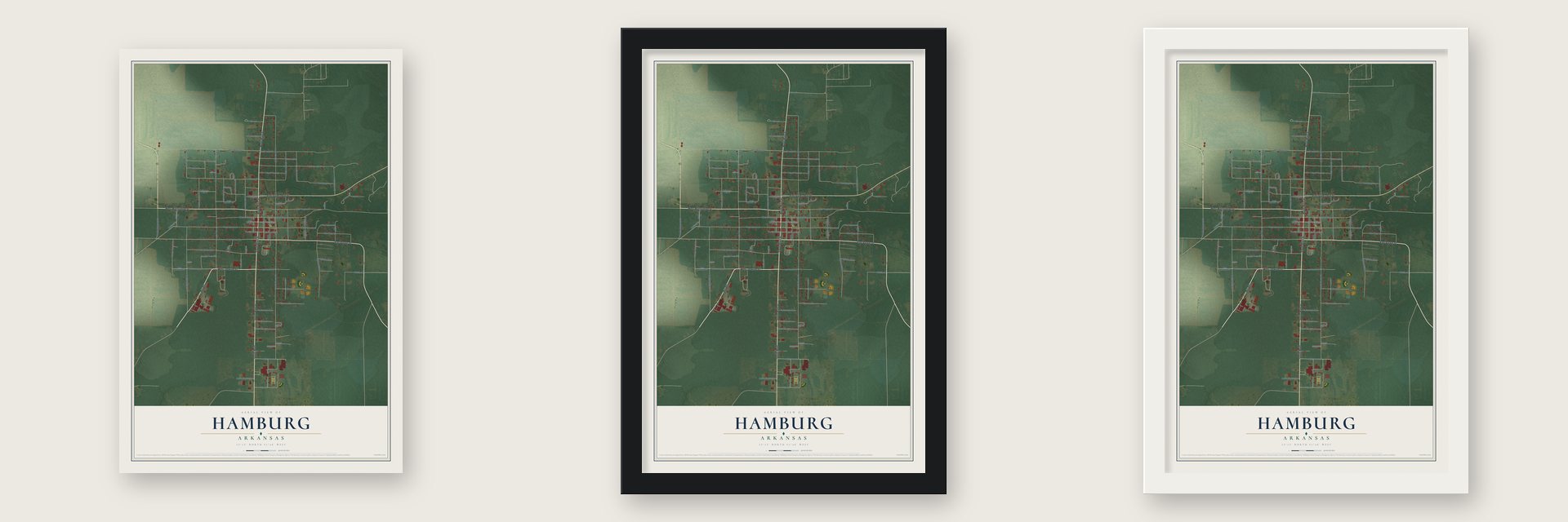 Hamburg, Arkansas map unframed, in a black wood frame and in a white wood frame
