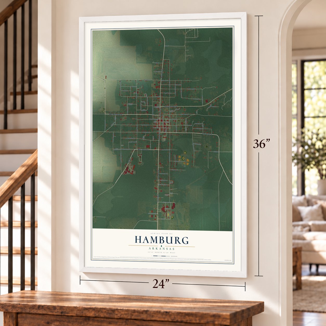 Hamburg, Arkansas map, 24 x 36 inch print in a white frame by a staircase