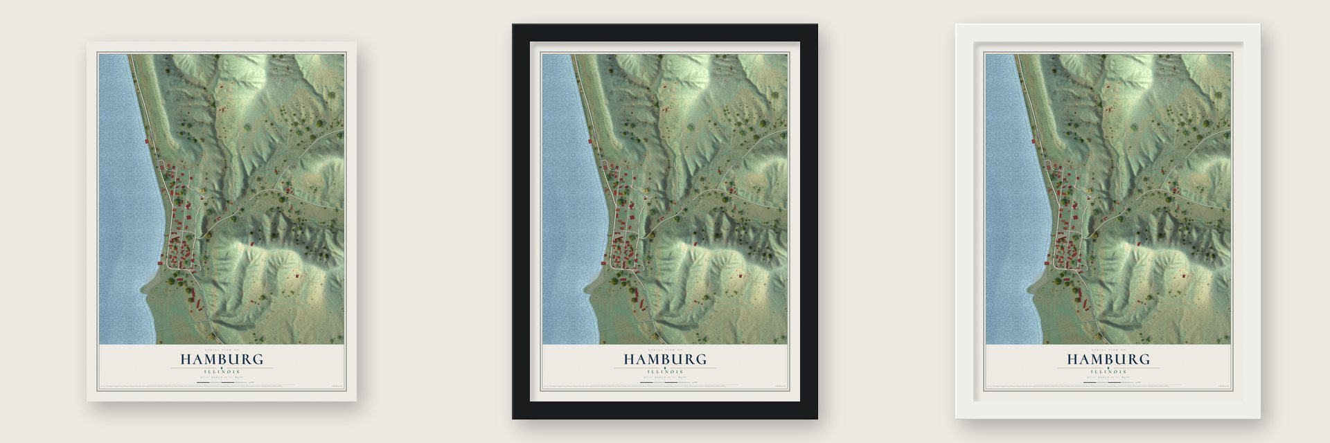 Hamburg, Illinois map unframed, in a black wood frame and in a white wood frame