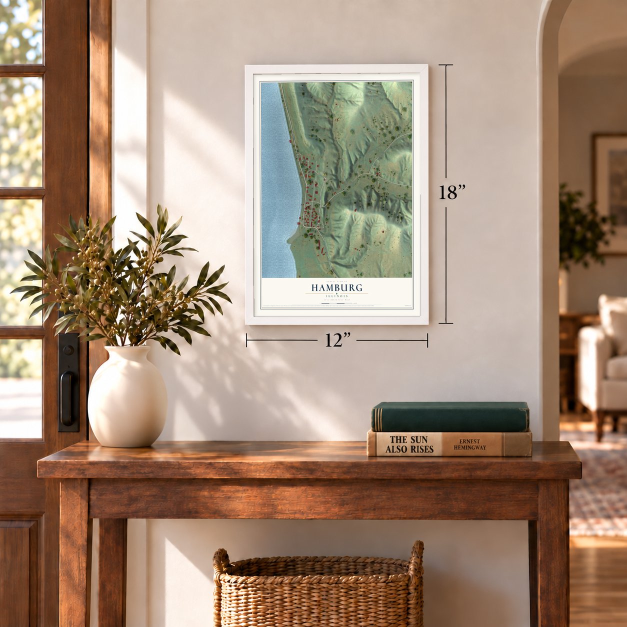 Hamburg, Illinois map, 12 x 18 inch print in a white frame in an entryway