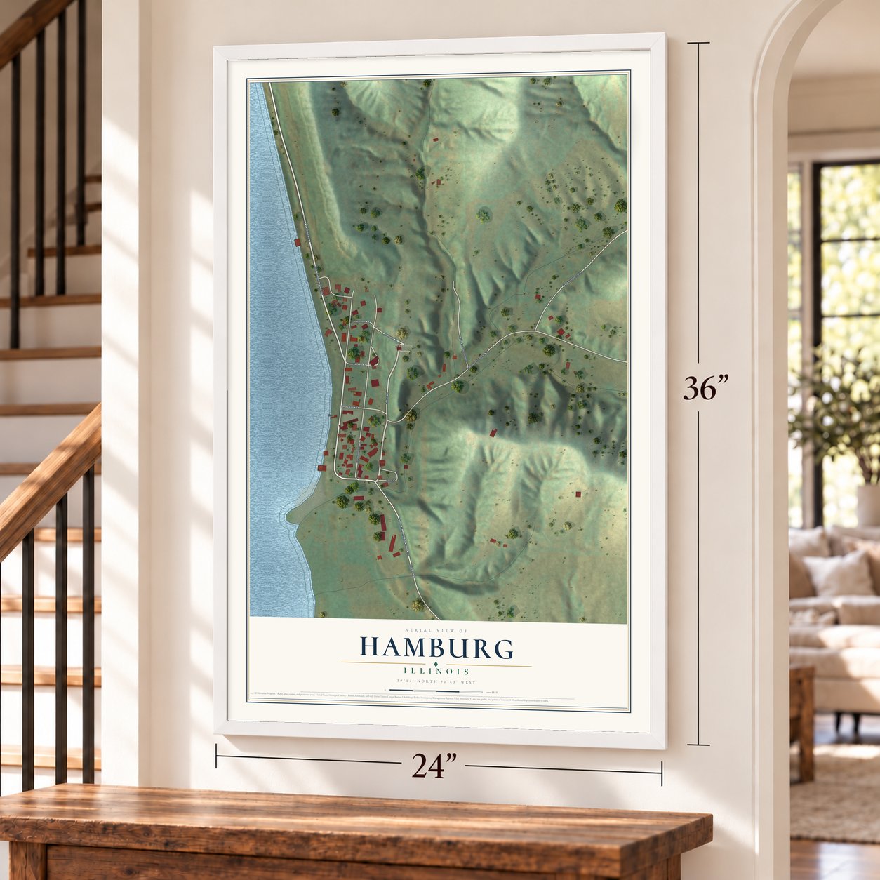 Hamburg, Illinois map, 24 x 36 inch print in a white frame by a staircase