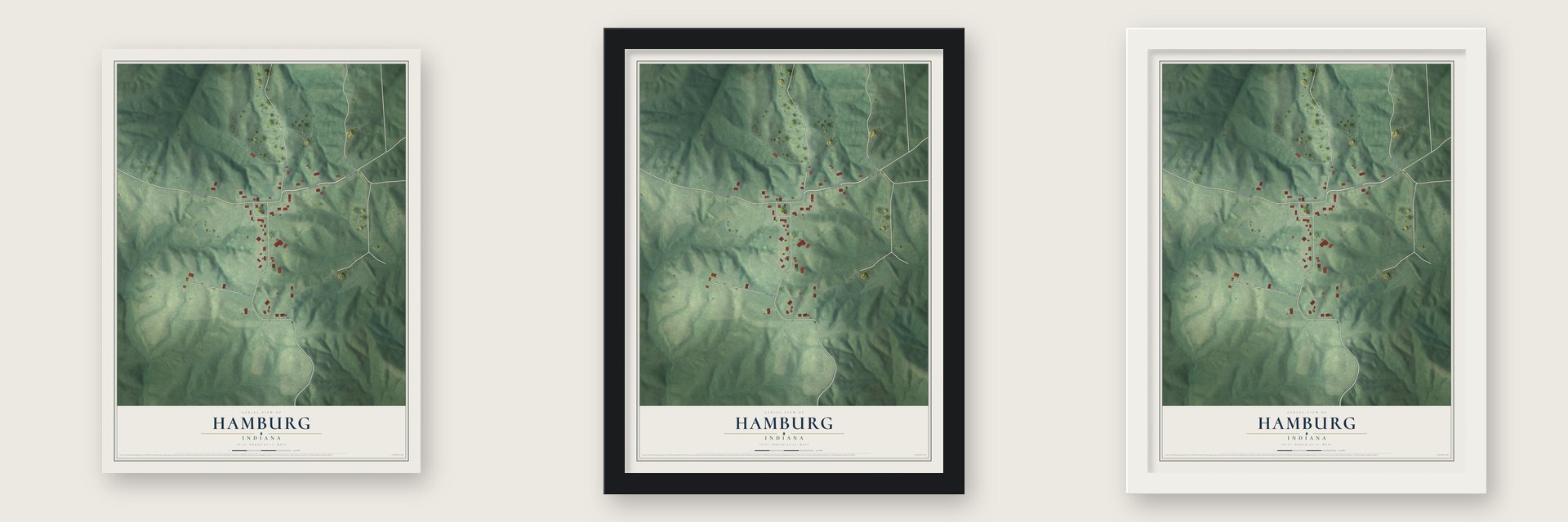Hamburg, Indiana map unframed, in a black wood frame and in a white wood frame