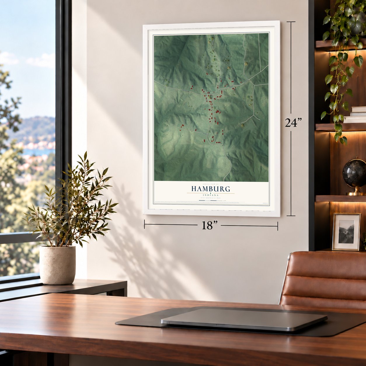 Hamburg, Indiana map, 18 x 24 inch print in a white frame in a home office