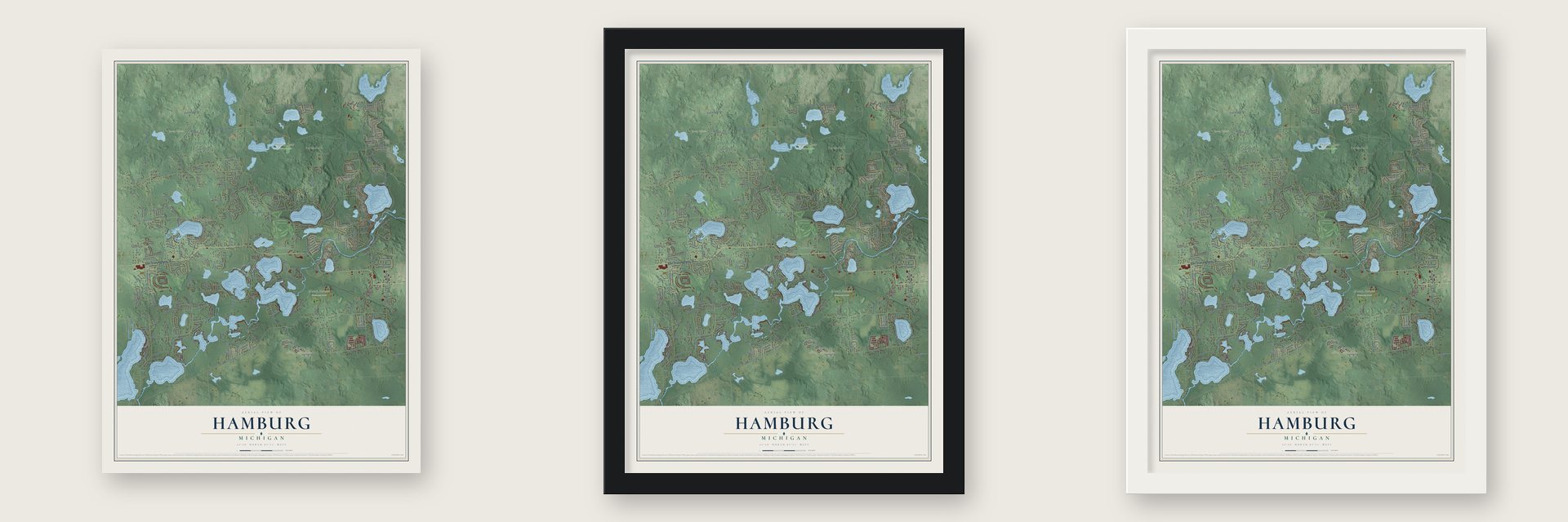 Hamburg, Michigan map unframed, in a black wood frame and in a white wood frame
