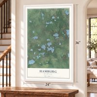Hamburg, Michigan map, 24 x 36 inch print in a white frame by a staircase
