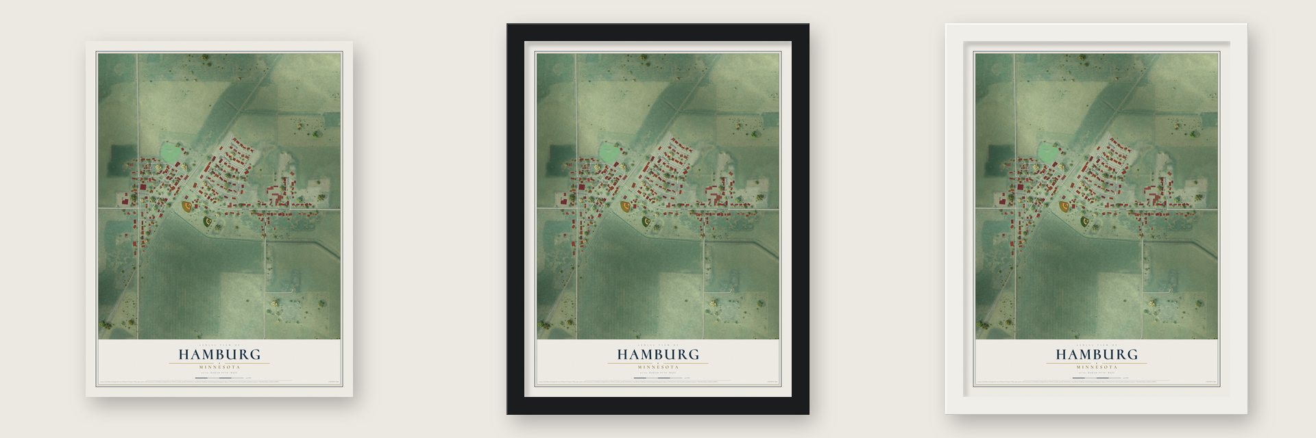 Hamburg, Minnesota map unframed, in a black wood frame and in a white wood frame