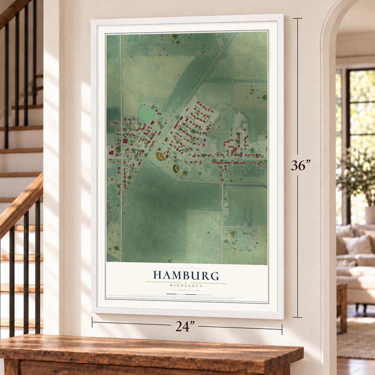 Hamburg, Minnesota map, 24 x 36 inch print in a white frame by a staircase