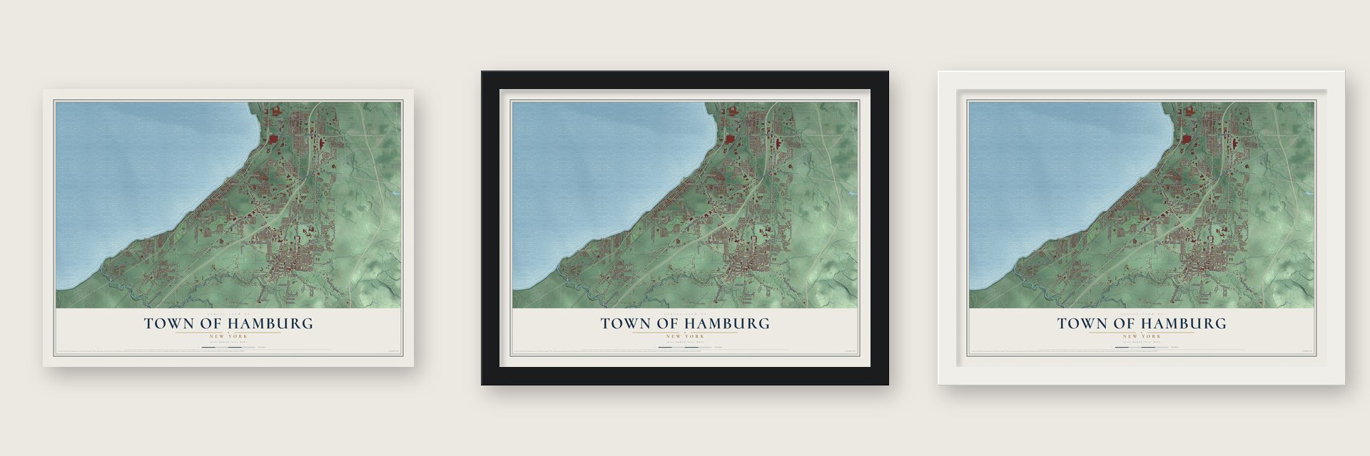 Town of Hamburg, New York map unframed, in a black wood frame and in a white wood frame