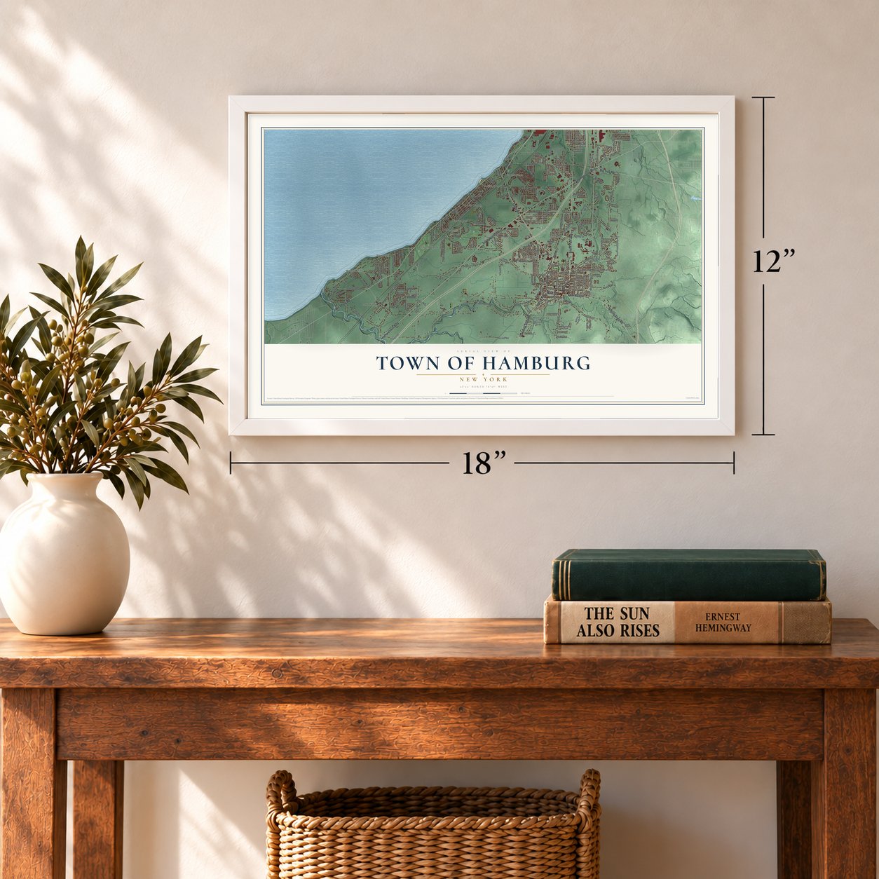 Town of Hamburg, New York map, 12 x 18 inch print in a white frame in an entryway