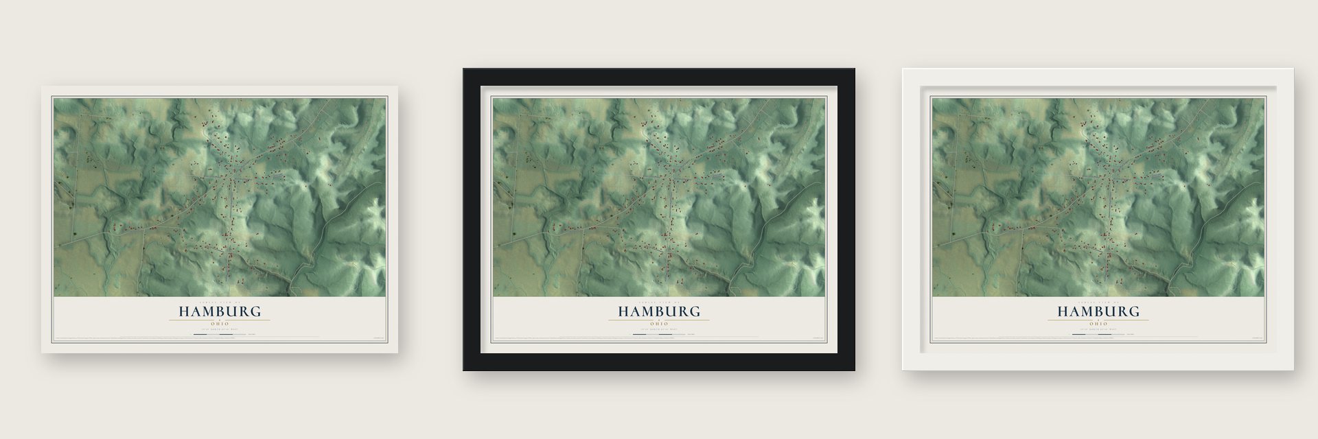 Hamburg, Ohio map unframed, in a black wood frame and in a white wood frame