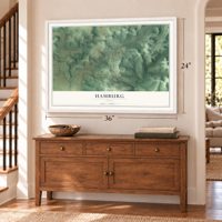 Hamburg, Ohio map, 24 x 36 inch print in a white frame above a dresser by a staircase