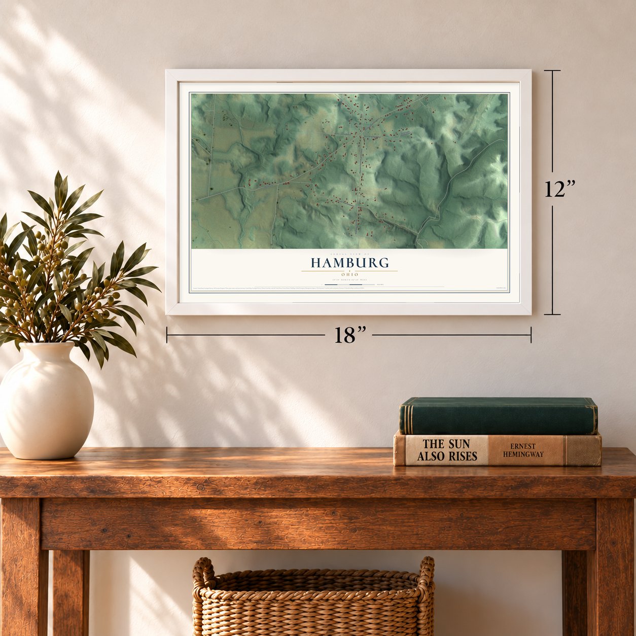 Hamburg, Ohio map, 12 x 18 inch print in a white frame in an entryway