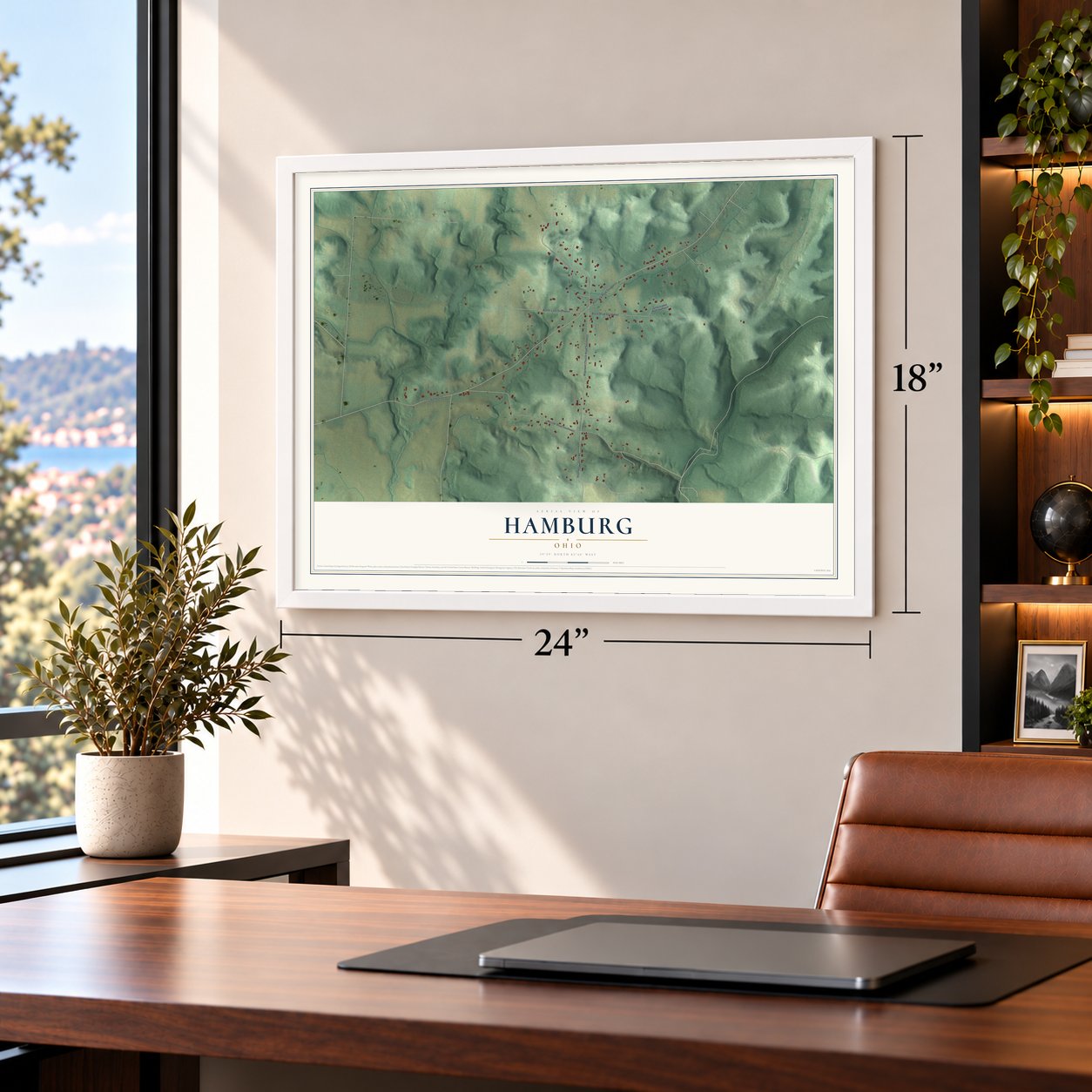 Hamburg, Ohio map, 18 x 24 inch print in a white frame in a home office