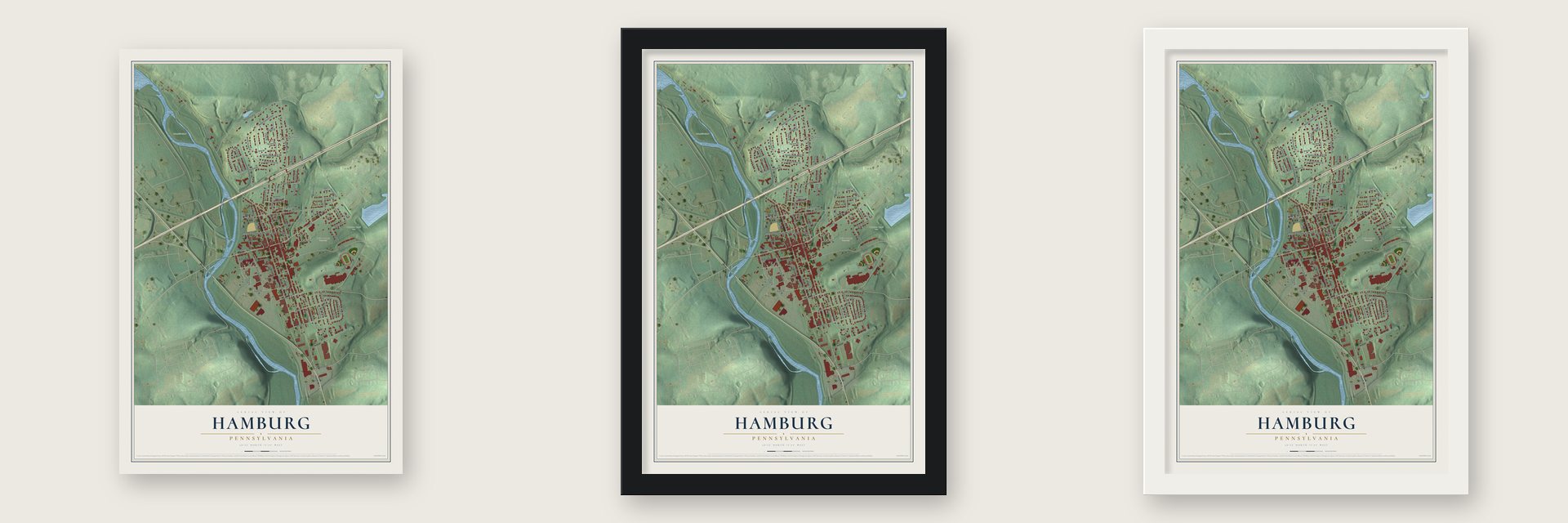 Hamburg, Pennsylvania map unframed, in a black wood frame and in a white wood frame
