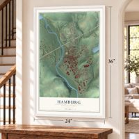 Hamburg, Pennsylvania map, 24 x 36 inch print in a white frame by a staircase
