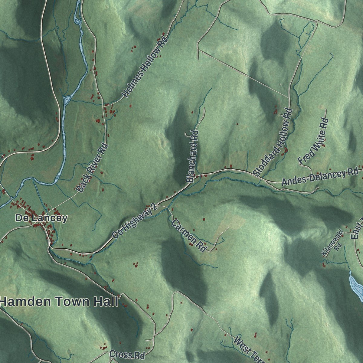 Second close-up of the map of Hamden, New York print showing more streets and buildings
