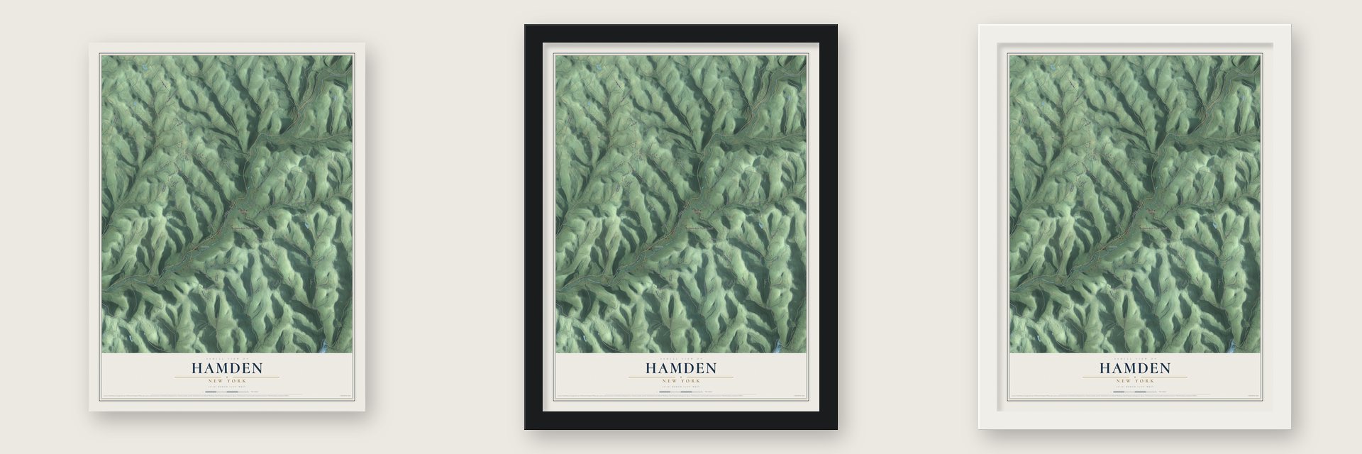 Hamden, New York map unframed, in a black wood frame and in a white wood frame