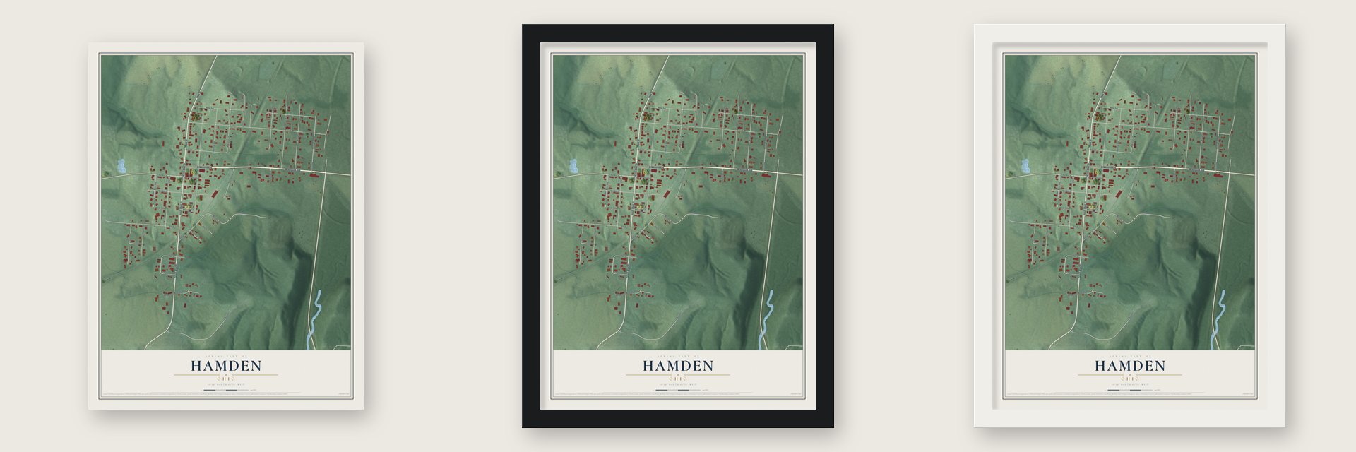 Hamden, Ohio map unframed, in a black wood frame and in a white wood frame