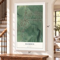Hamden, Ohio map, 24 x 36 inch print in a white frame by a staircase