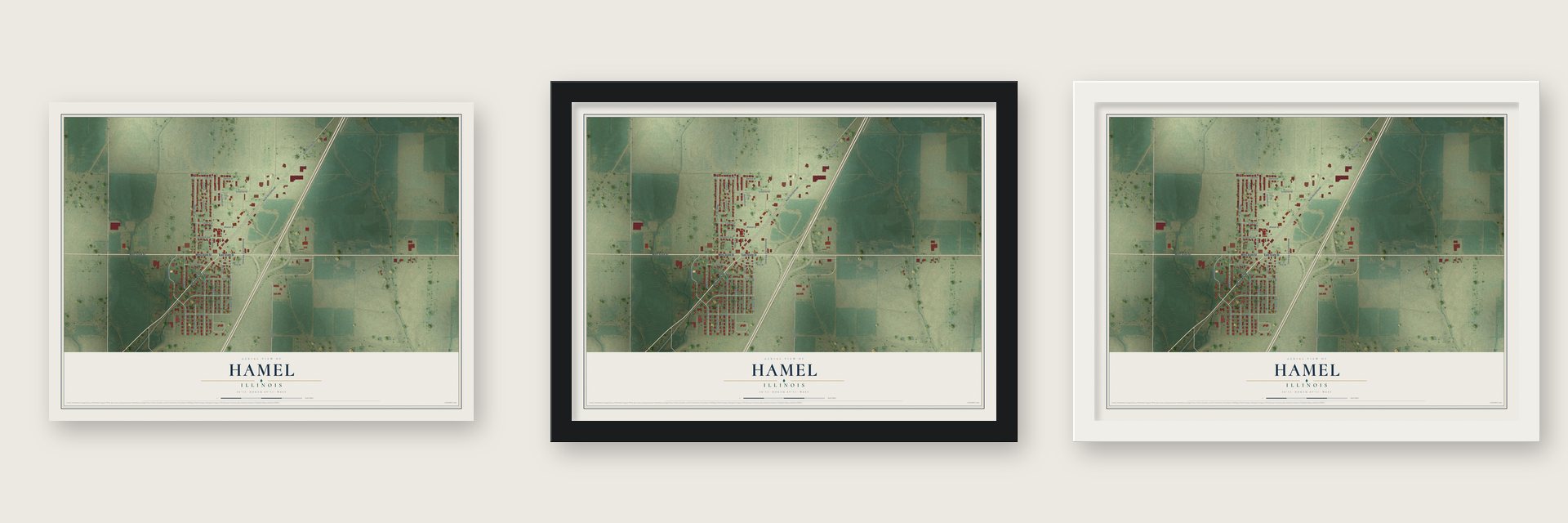 Hamel, Illinois map unframed, in a black wood frame and in a white wood frame