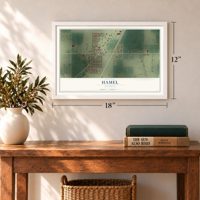 Hamel, Illinois map, 12 x 18 inch print in a white frame in an entryway