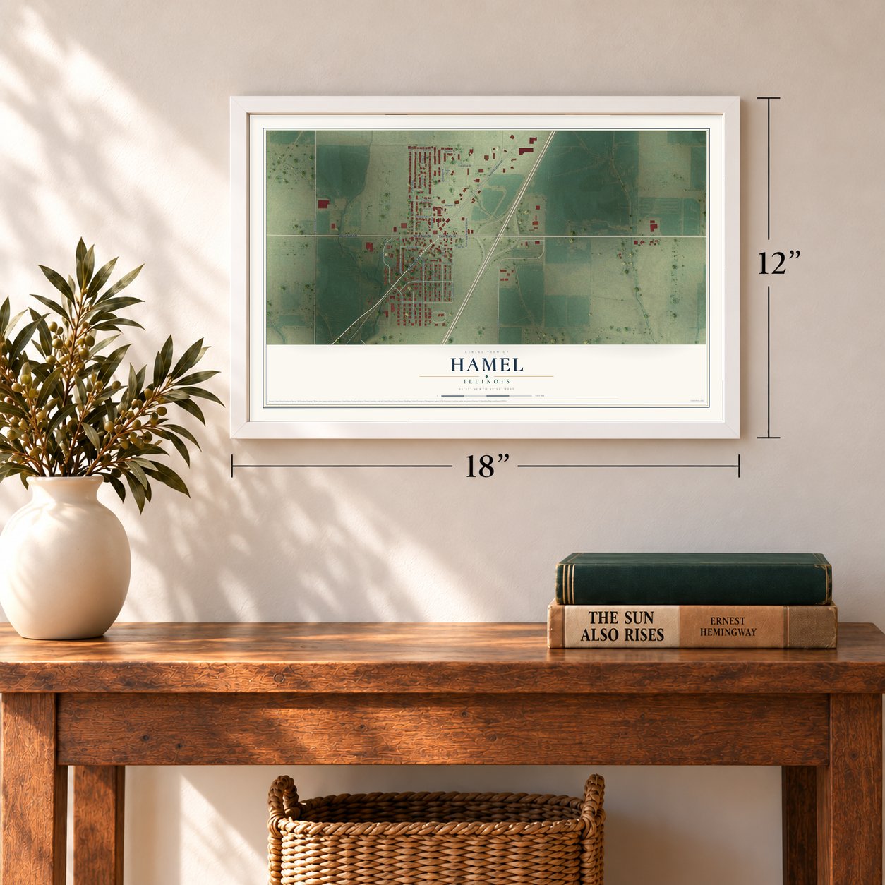 Hamel, Illinois map, 12 x 18 inch print in a white frame in an entryway