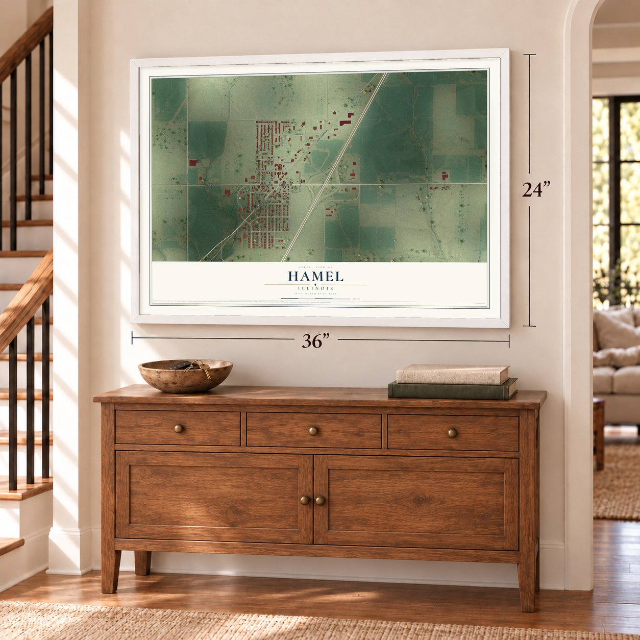 Hamel, Illinois map, 24 x 36 inch print in a white frame above a dresser by a staircase