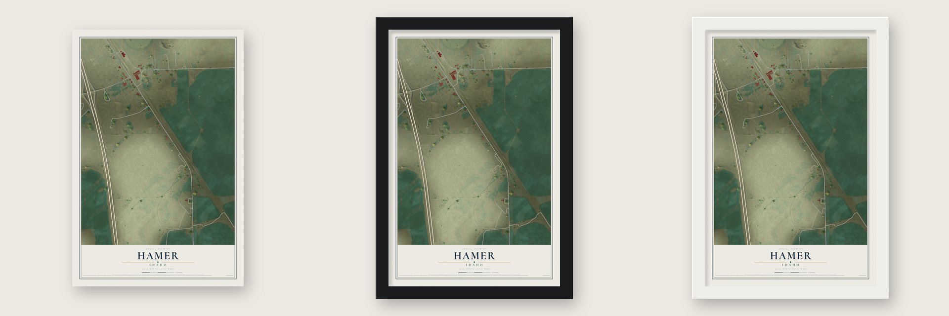 Hamer, Idaho map unframed, in a black wood frame and in a white wood frame
