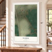 Hamer, Idaho map, 24 x 36 inch print in a white frame by a staircase