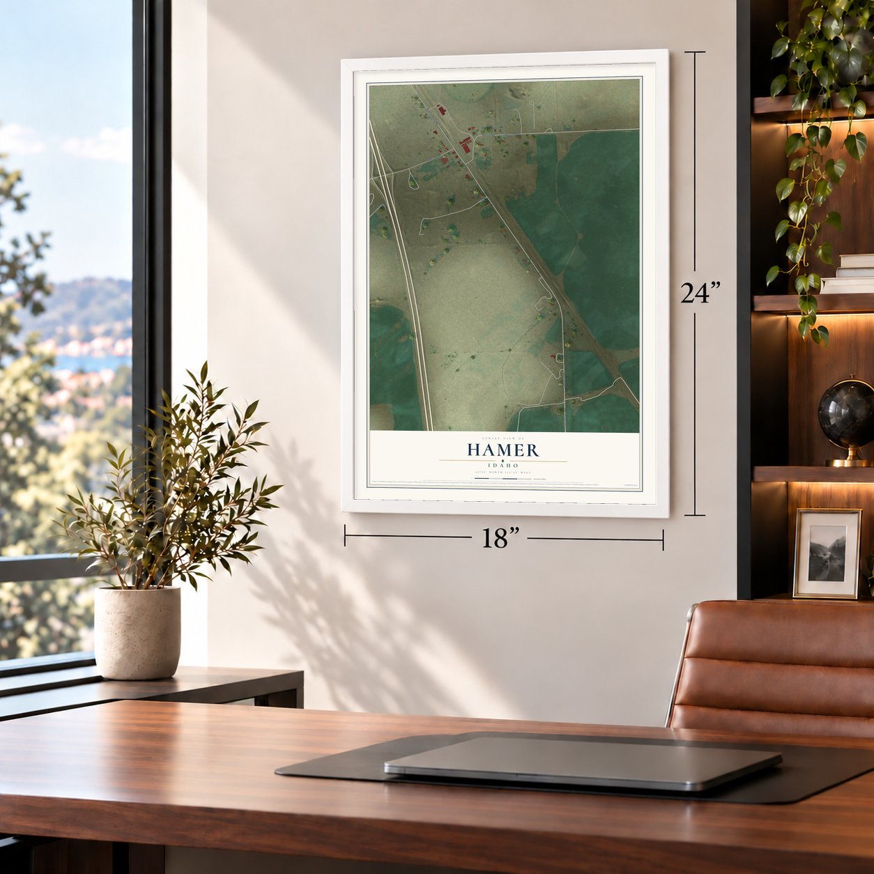 Hamer, Idaho map, 18 x 24 inch print in a white frame in a home office