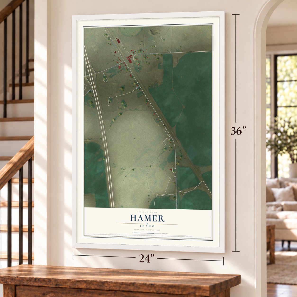 Hamer, Idaho map, 24 x 36 inch print in a white frame by a staircase