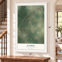 Hamer, South Carolina map, 24 x 36 inch print in a white frame by a staircase