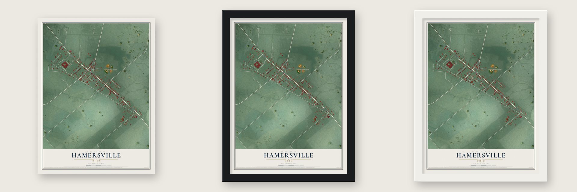 Hamersville, Ohio map unframed, in a black wood frame and in a white wood frame