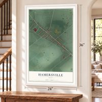 Hamersville, Ohio map, 24 x 36 inch print in a white frame by a staircase